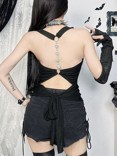 Gothic Glitter Rhinestone Cross Wing Cowl Neck Backless Halter Top