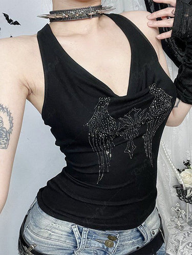 Gothic Glitter Rhinestone Cross Wing Cowl Neck Backless Halter Top