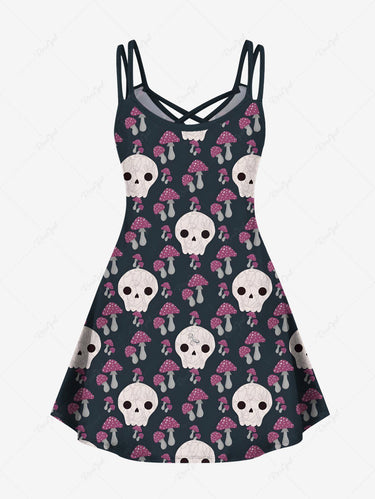 Gothic Plus Size Skull Mushroom Print Crisscross A Line Cami Dress