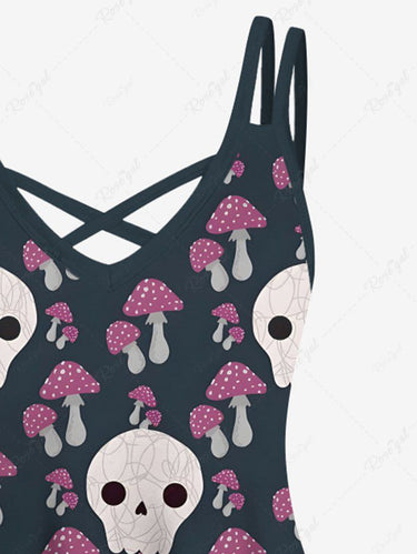 Gothic Plus Size Skull Mushroom Print Crisscross A Line Cami Dress