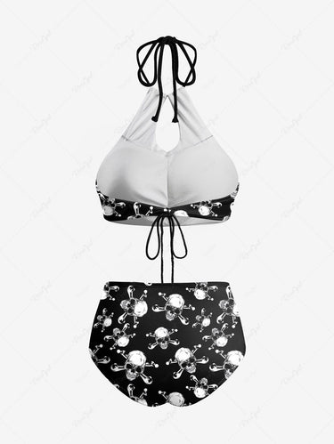 Gothic Skull Bone Print Hollow Out Halter Backless Tankini Swimsuit