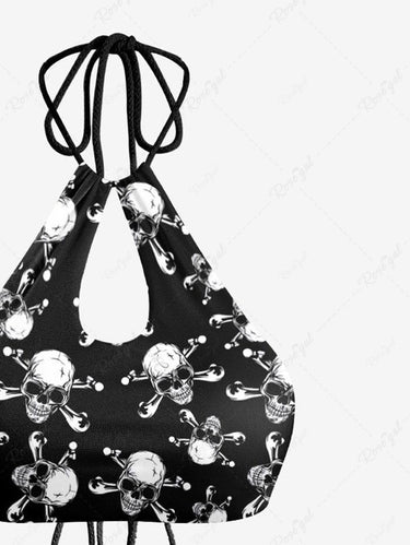 Gothic Skull Bone Print Hollow Out Halter Backless Tankini Swimsuit