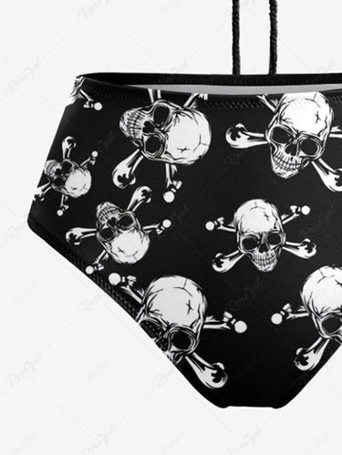 Gothic Skull Bone Print Hollow Out Halter Backless Tankini Swimsuit