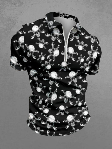 Gothic Plus Size Skull Bone Print Zipper Turn-down Collar Polo Shirt For Men