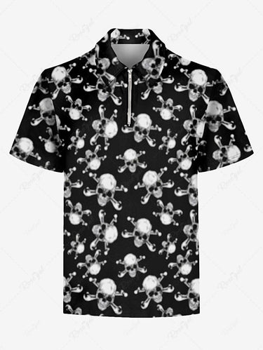 Gothic Plus Size Skull Bone Print Zipper Turn-down Collar Polo Shirt For Men