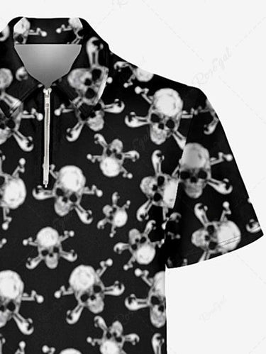Gothic Plus Size Skull Bone Print Zipper Turn-down Collar Polo Shirt For Men