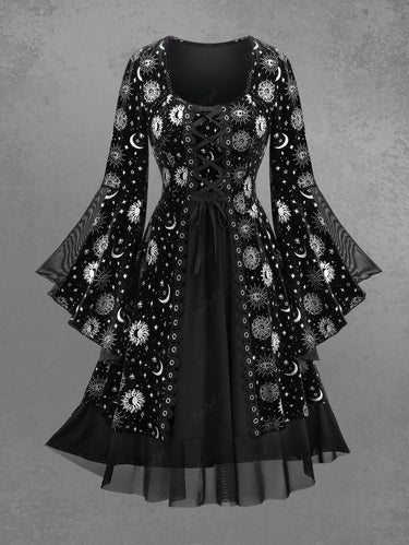 Gothic Flare Sleeves Sun Moon Star Print Lace Up Layered A Line Dress