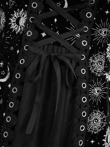 Gothic Flare Sleeves Sun Moon Star Print Lace Up Layered A Line Dress