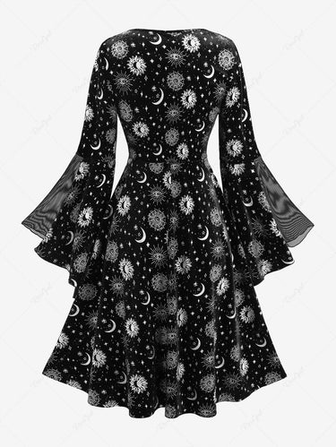 Gothic Flare Sleeves Sun Moon Star Print Lace Up Layered A Line Dress