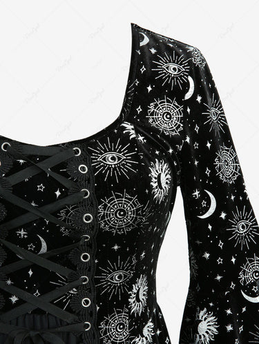 Gothic Flare Sleeves Sun Moon Star Print Lace Up Layered A Line Dress