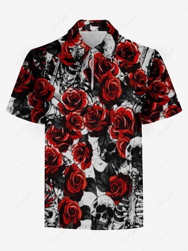 Gothic Plus Size Ink Painting Skull Leaves Rose Flower Print Zipper Turn-down Collar Polo Shirt For Men