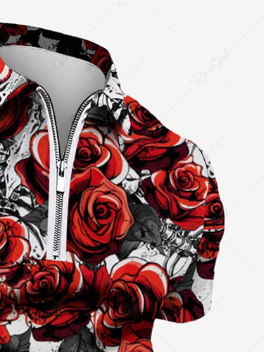 Gothic Plus Size Ink Painting Skull Leaves Rose Flower Print Zipper Turn-down Collar Polo Shirt For Men
