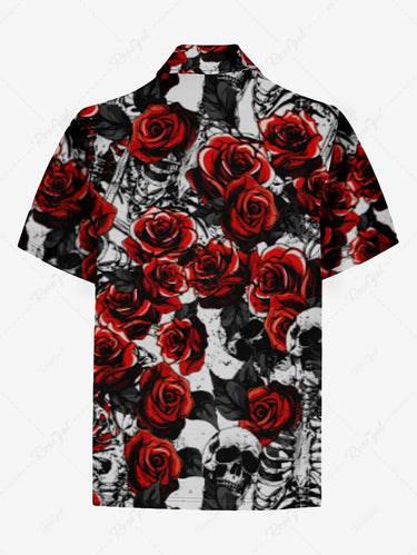 Gothic Plus Size Ink Painting Skull Leaves Rose Flower Print Zipper Turn-down Collar Polo Shirt For Men