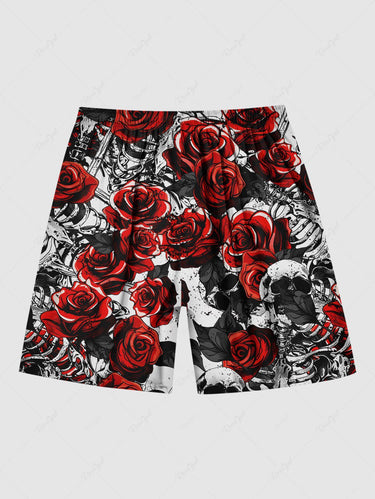 Gothic Plus Size Ink Painting Skull Leaves Rose Flower Print Drawstring Beach Shorts For Men