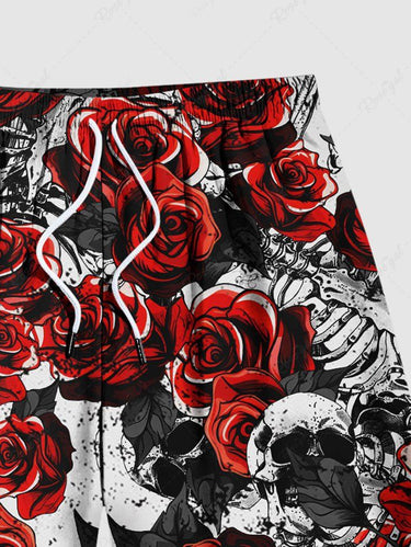 Gothic Plus Size Ink Painting Skull Leaves Rose Flower Print Drawstring Beach Shorts For Men
