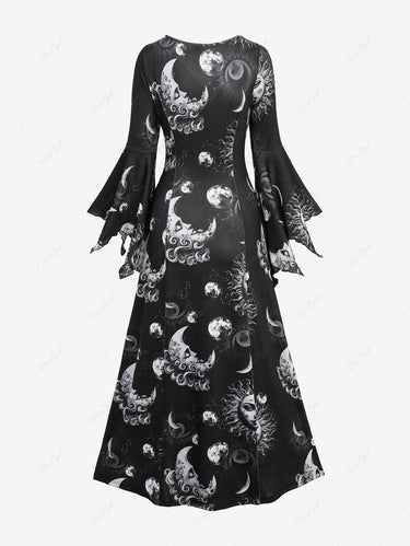 Gothic Flare Sleeves Sun Moon Face Print A Line Maxi Dress
