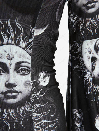 Gothic Flare Sleeves Sun Moon Face Print A Line Maxi Dress