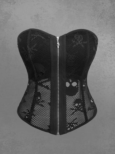 Gothic Plus Size Skull Fishnet Lace Up Zipper Functional Corset