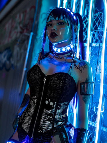 Gothic Plus Size Skull Fishnet Lace Up Zipper Functional Corset