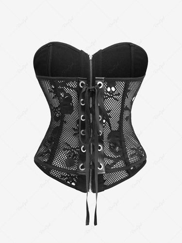 Gothic Plus Size Skull Fishnet Lace Up Zipper Functional Corset