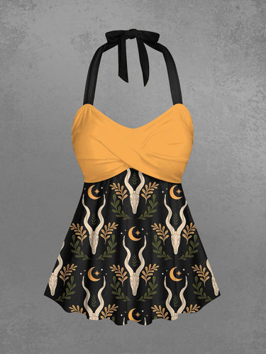 Gothic Plus Size Sheep Horns Leaf Branch Moon Print Twist Halter Backless Tankini Top