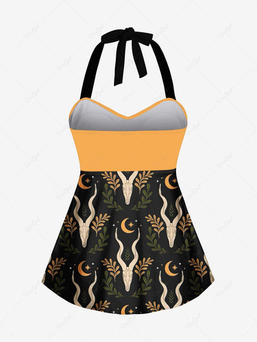 Gothic Plus Size Sheep Horns Leaf Branch Moon Print Twist Halter Backless Tankini Top
