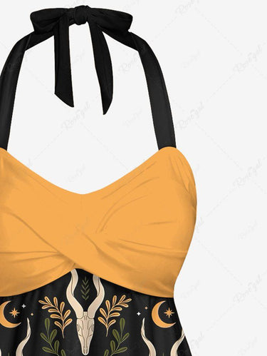 Gothic Plus Size Sheep Horns Leaf Branch Moon Print Twist Halter Backless Tankini Top