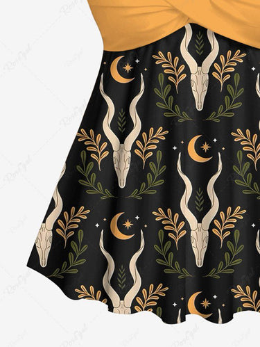 Gothic Plus Size Sheep Horns Leaf Branch Moon Print Twist Halter Backless Tankini Top