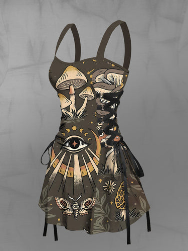 Gothic Butterfly Moon Eye Mushroom Print Lace Up A Line Tank Dress