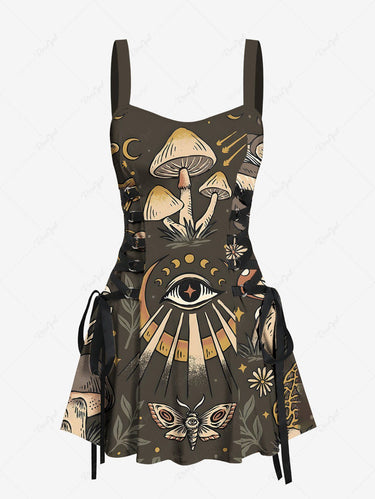 Gothic Butterfly Moon Eye Mushroom Print Lace Up A Line Tank Dress