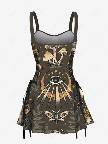 Gothic Butterfly Moon Eye Mushroom Print Lace Up A Line Tank Dress
