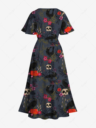 Gothic Plus Size Skull Crow Floral Leaves Print Split Pocket A Line Midi Dress