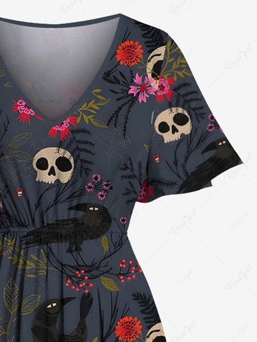 Gothic Plus Size Skull Crow Floral Leaves Print Split Pocket A Line Midi Dress