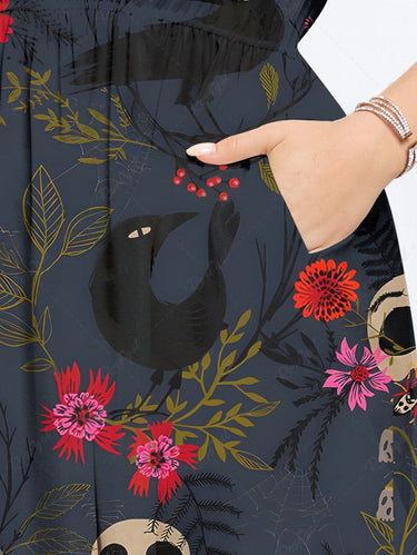 Gothic Plus Size Skull Crow Floral Leaves Print Split Pocket A Line Midi Dress