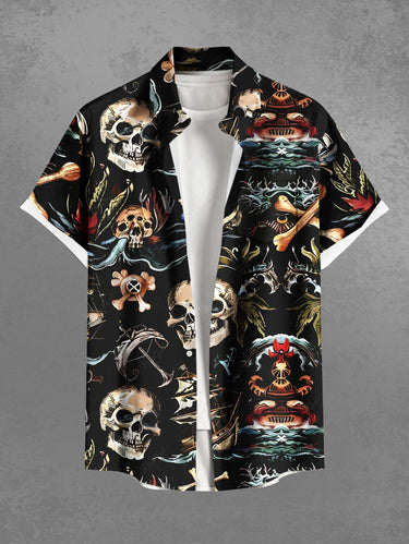 Gothic Plus Size Skull Sea Waves Anchor Print Hawaii Cruise Button Pocket Shirt For Men