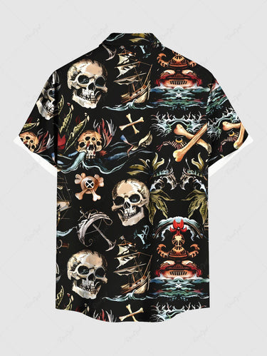 Gothic Plus Size Skull Sea Waves Anchor Print Hawaii Cruise Button Pocket Shirt For Men