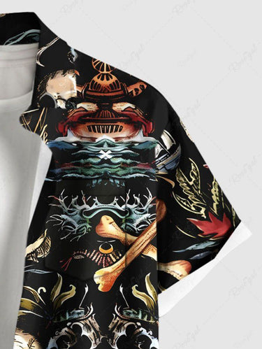 Gothic Plus Size Skull Sea Waves Anchor Print Hawaii Cruise Button Pocket Shirt For Men