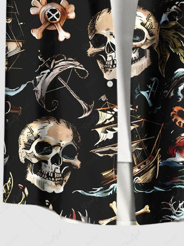 Gothic Plus Size Skull Sea Waves Anchor Print Hawaii Cruise Button Pocket Shirt For Men