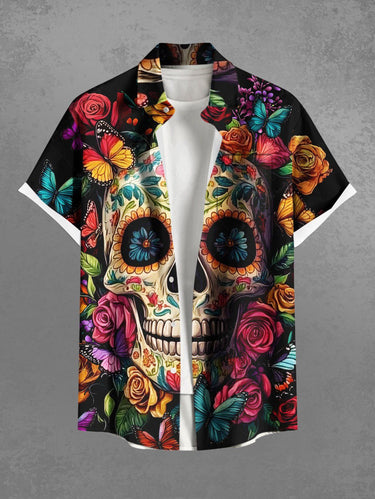 Gothic Plus Size Colorful Skull Floral Butterfly Print Hawaii Button Pocket Shirt For Men