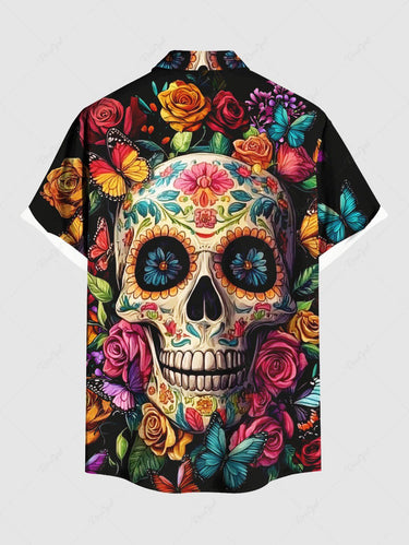 Gothic Plus Size Colorful Skull Floral Butterfly Print Hawaii Button Pocket Shirt For Men