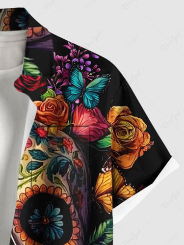 Gothic Plus Size Colorful Skull Floral Butterfly Print Hawaii Button Pocket Shirt For Men