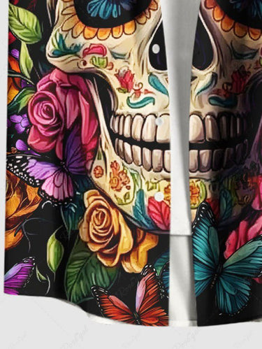 Gothic Plus Size Colorful Skull Floral Butterfly Print Hawaii Button Pocket Shirt For Men