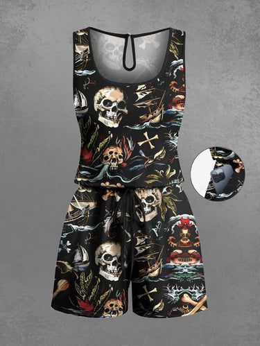 Gothic Plus Size Skull Sea Waves Anchor Print Hawaii Cruise Drawstring Pocket Romper