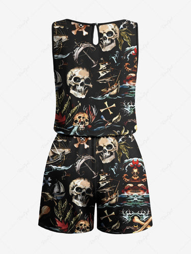 Gothic Plus Size Skull Sea Waves Anchor Print Hawaii Cruise Drawstring Pocket Romper