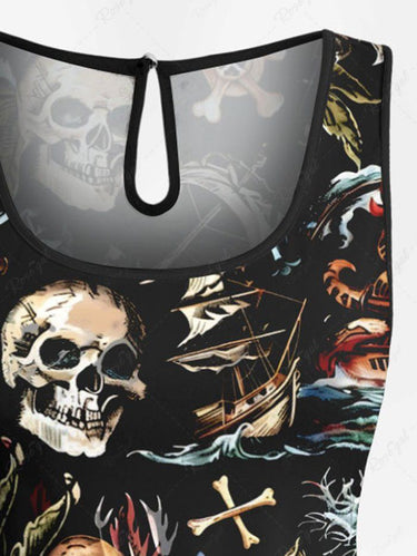 Gothic Plus Size Skull Sea Waves Anchor Print Hawaii Cruise Drawstring Pocket Romper