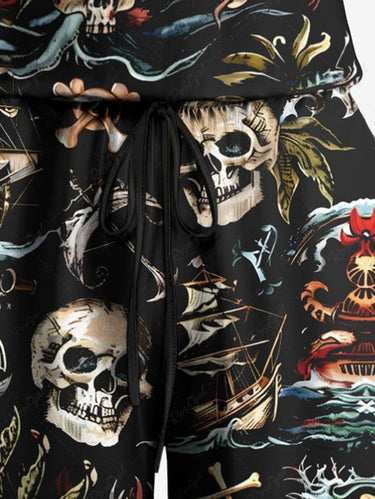 Gothic Plus Size Skull Sea Waves Anchor Print Hawaii Cruise Drawstring Pocket Romper