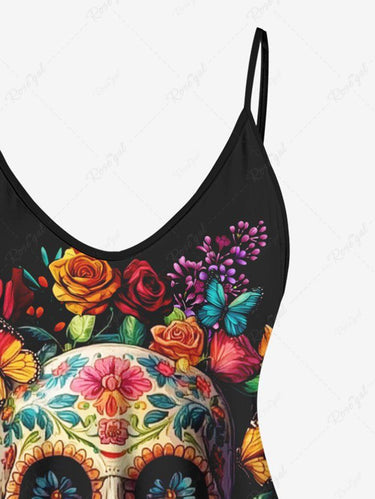 Gothic Plus Size Colorful Skull Floral Butterfly Print Hawaii Cami Top
