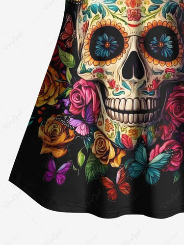 Gothic Plus Size Colorful Skull Floral Butterfly Print Hawaii Cami Top