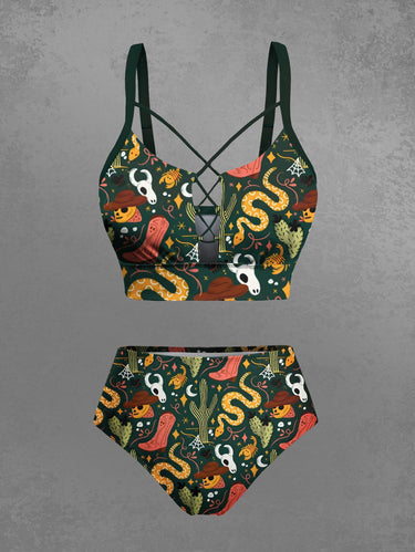 Gothic Skull Sheep Head Snake Cactus Print Hawaii Lace Up Tankini Swimsuit (Adjustable Shoulder Strap)
