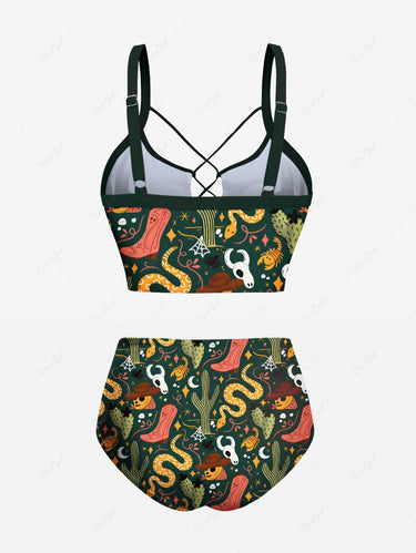 Gothic Skull Sheep Head Snake Cactus Print Hawaii Lace Up Tankini Swimsuit (Adjustable Shoulder Strap)